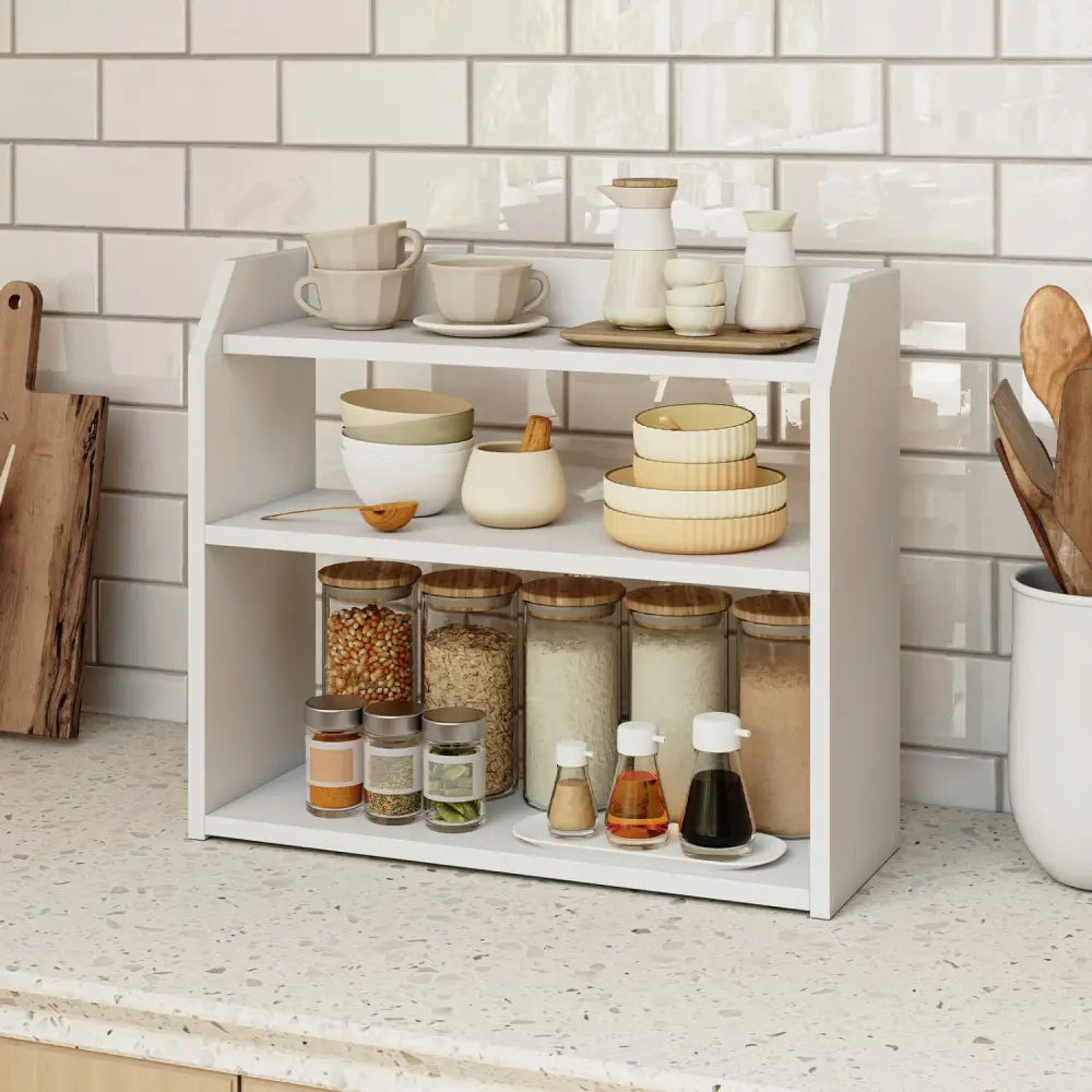 3-Tier Desktop Bookshelf Wooden Countertop Bookcase with Raised Top Guardrails-White - White - Bookcases