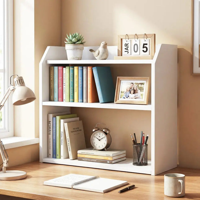 3-Tier Desktop Bookshelf Wooden Countertop Bookcase with Raised Top Guardrails-White Costway