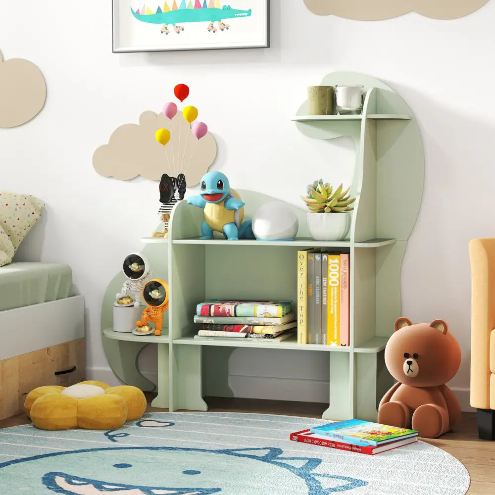 3-Tier Dinosaur Kids Bookshelf for Children-Green - Green - Kids Storage