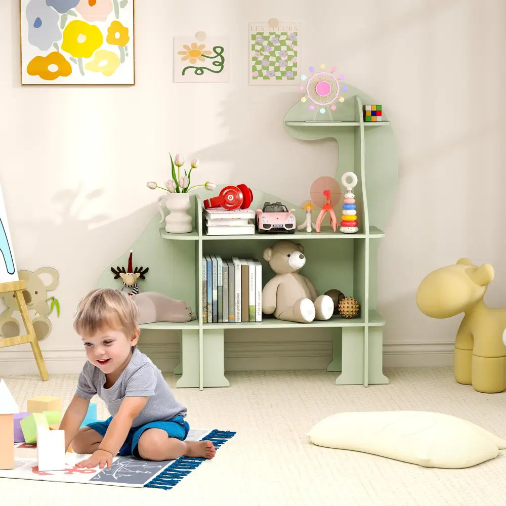 3-Tier Dinosaur Kids Bookshelf for Children-Green - Green - Kids Storage