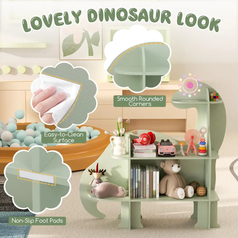 3-Tier Dinosaur Kids Bookshelf for Children-Green - Green - Kids Storage