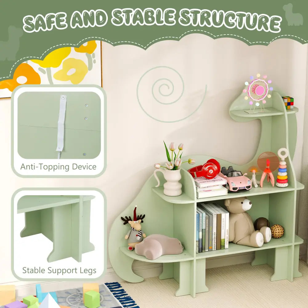 3-Tier Dinosaur Kids Bookshelf for Children-Green - Green - Kids Storage