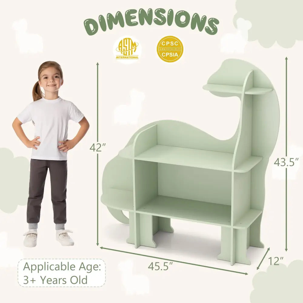 3-Tier Dinosaur Kids Bookshelf for Children-Green - Green - Kids Storage