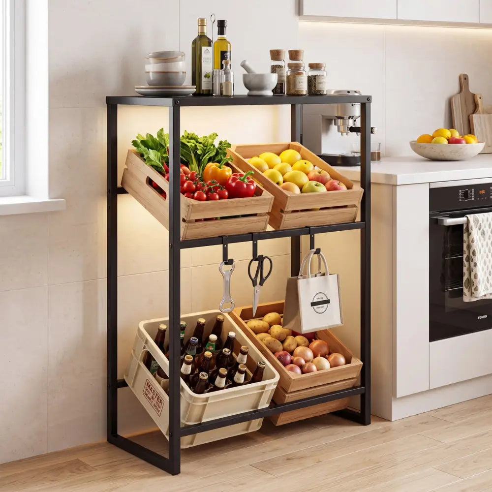 3-Tier Drink Crate Rack with Shelf for Beer and Water for Kitchen and Garage-Black - Black - Kitchen Organization