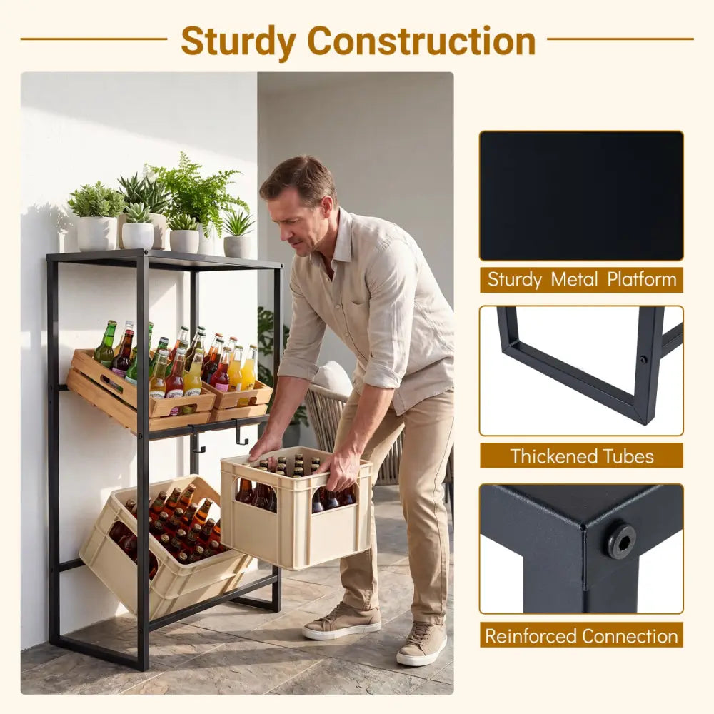 3-Tier Drink Crate Rack with Shelf for Beer and Water for Kitchen and Garage-Black - Black - Kitchen Organization