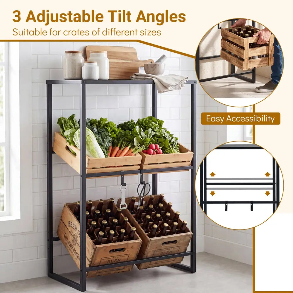 3-Tier Drink Crate Rack with Shelf for Beer and Water for Kitchen and Garage-Black - Black - Kitchen Organization