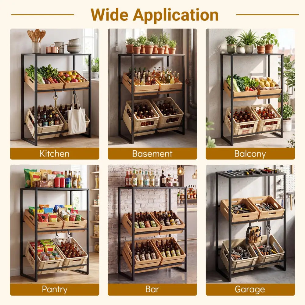 3-Tier Drink Crate Rack with Shelf for Beer and Water for Kitchen and Garage-Black - Black - Kitchen Organization