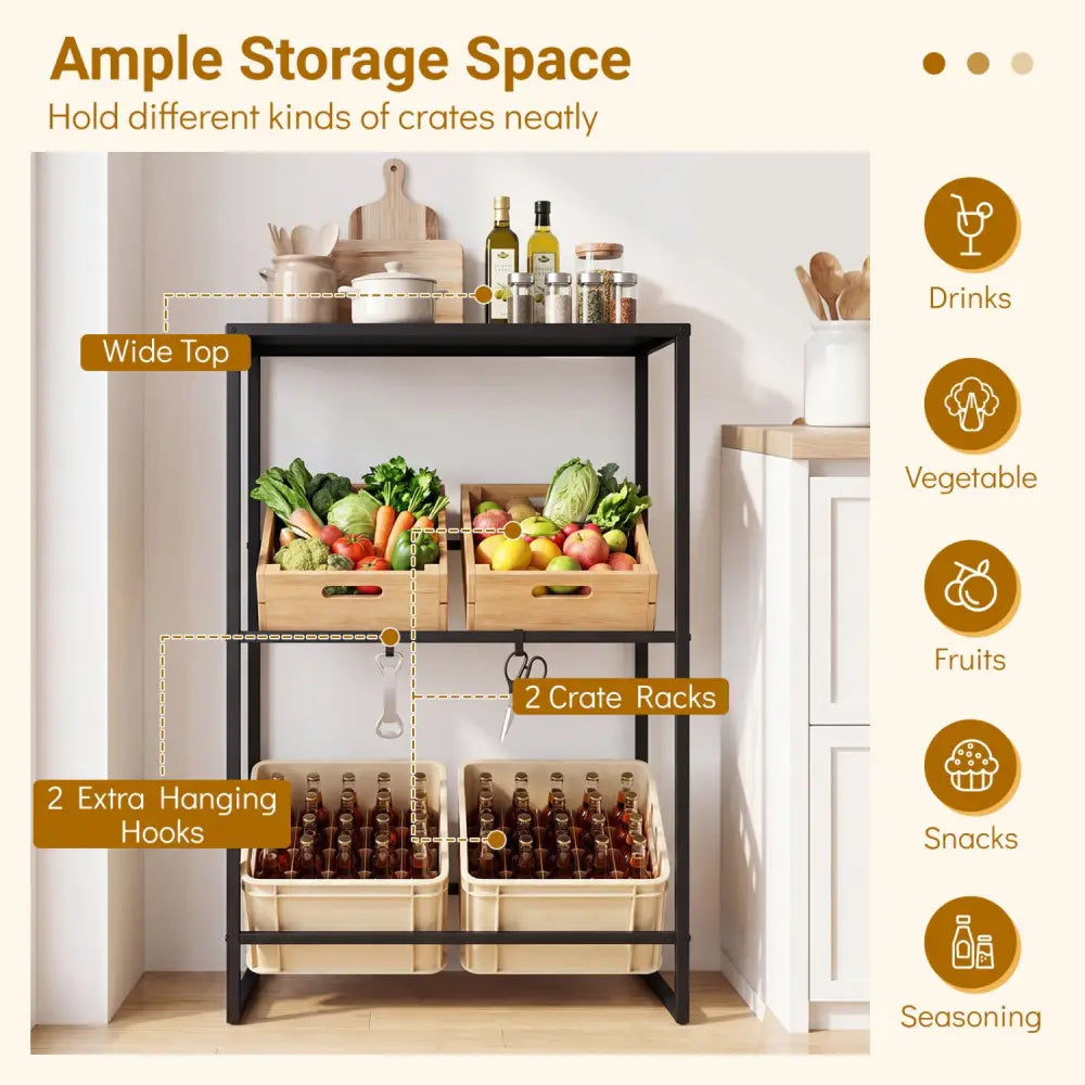 3-Tier Drink Crate Rack with Shelf for Beer and Water for Kitchen and Garage-Black - Black - Kitchen Organization