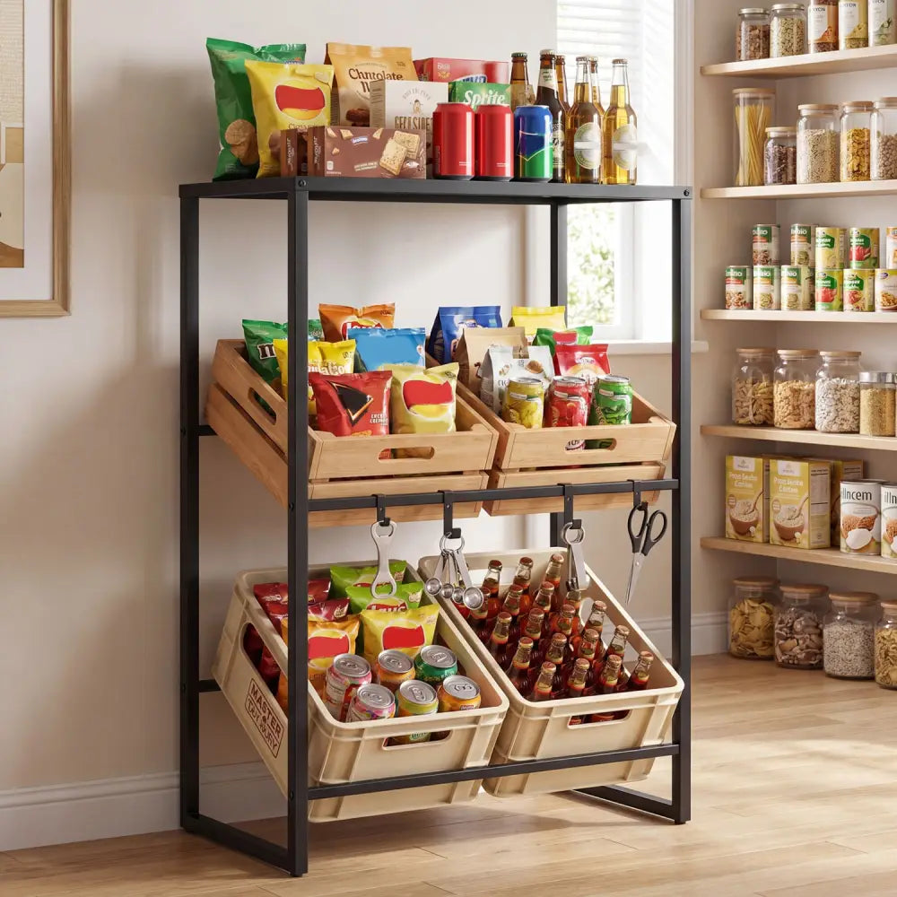 3-Tier Drink Crate Rack with Shelf for Beer and Water for Kitchen and Garage-Black - Black - Kitchen Organization