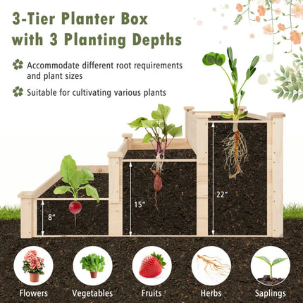3 Tier Elevated Wooden Vegetable Garden Bed - Natural - Raised Garden Beds