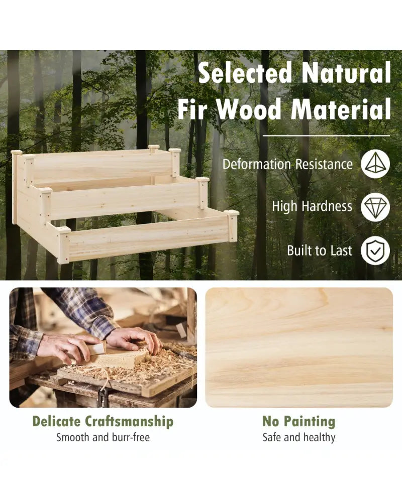 3 Tier Elevated Wooden Vegetable Garden Bed - Natural - Raised Garden Beds