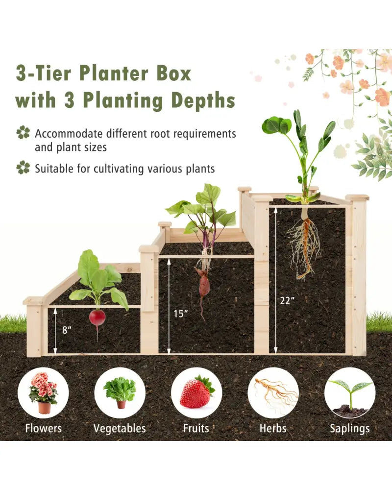 3 Tier Elevated Wooden Vegetable Garden Bed - Natural - Raised Garden Beds
