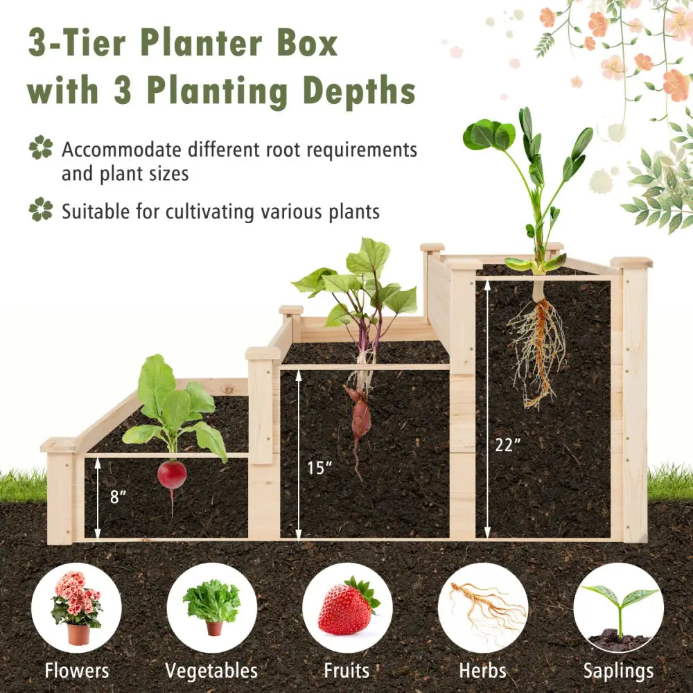 3 Tier Elevated Wooden Vegetable Garden Bed - Natural - Raised Garden Beds