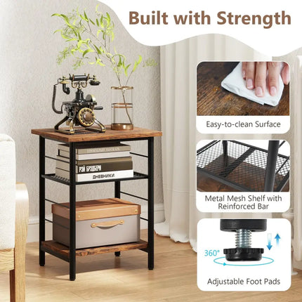 3-Tier End Table Set of 2 Side Table with Storage Shelves Metal Frame-Rustic Brown Costway