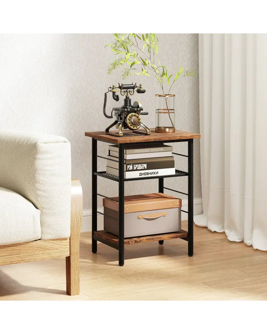 3-Tier End Table Set of 2 Side Table with Storage Shelves Metal Frame-Rustic Brown - Rustic Brown - End & Side Tables