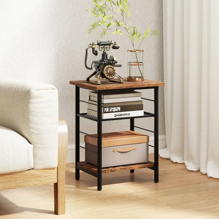 3-Tier End Table Set of 2 Side Table with Storage Shelves Metal Frame-Rustic Brown Costway