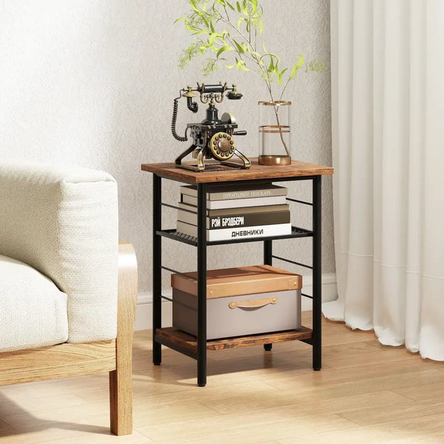 3-Tier End Table Set of 2 Side Table with Storage Shelves Metal Frame-Rustic Brown Costway