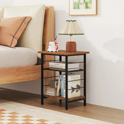 3-Tier End Table Set of 2 Side Table with Storage Shelves Metal Frame-Rustic Brown Costway