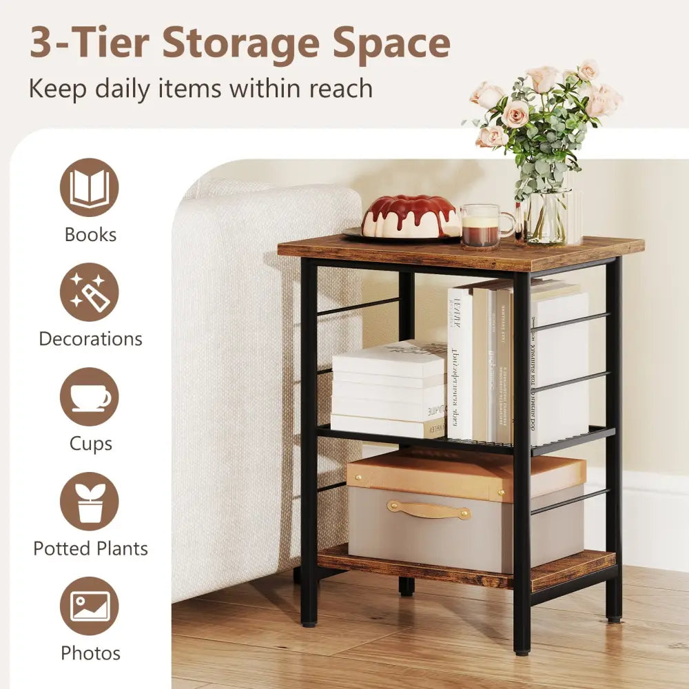 3-Tier End Table Set of 2 Side Table with Storage Shelves Metal Frame-Rustic Brown - Rustic Brown - End & Side Tables