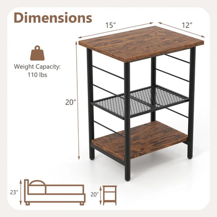 3-Tier End Table Set of 2 Side Table with Storage Shelves Metal Frame-Rustic Brown Costway