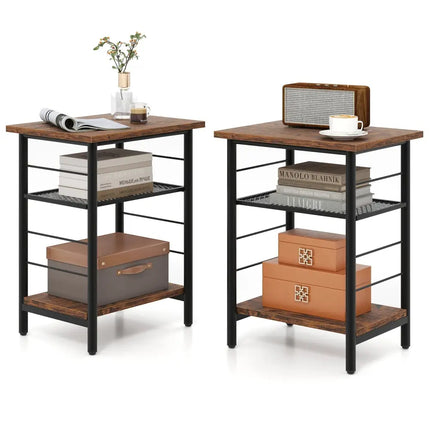 3-Tier End Table Set of 2 Side Table with Storage Shelves Metal Frame-Rustic Brown Costway
