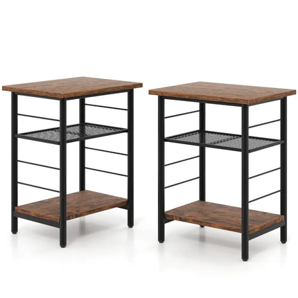 3-Tier End Table Set of 2 Side Table with Storage Shelves Metal Frame-Rustic Brown Costway