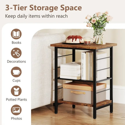 3-Tier End Table Set of 2 Side Table with Storage Shelves Metal Frame-Rustic Brown Costway