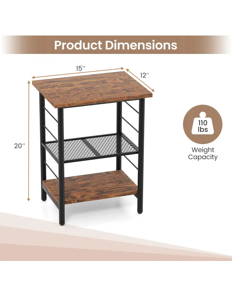 3-Tier End Table Space-Saving Nightstand Industrial Bedside Table for Living Room Bedroom-Rustic Brown - Rustic Brown