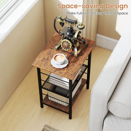 3-Tier End Table Space-Saving Nightstand Industrial Bedside Table for Living Room Bedroom-Rustic Brown Costway