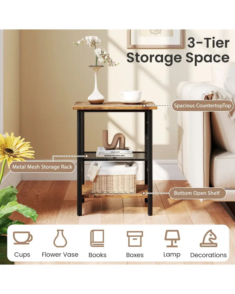 3-Tier End Table Space-Saving Nightstand Industrial Bedside Table for Living Room Bedroom-Rustic Brown - Rustic Brown