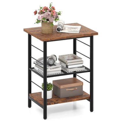 3-Tier End Table Space-Saving Nightstand Industrial Bedside Table for Living Room Bedroom-Rustic Brown Costway