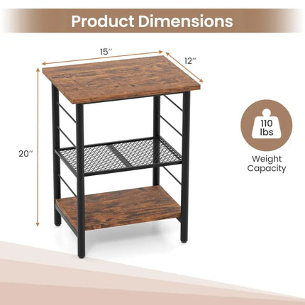 3-Tier End Table Space-Saving Nightstand Industrial Bedside Table for Living Room Bedroom-Rustic Brown Costway