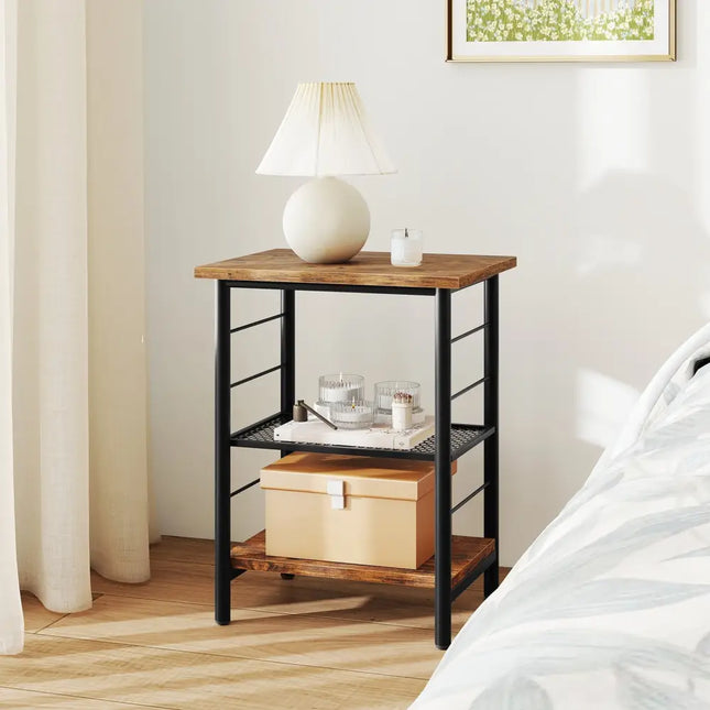 3-Tier End Table Space-Saving Nightstand Industrial Bedside Table for Living Room Bedroom-Rustic Brown Costway