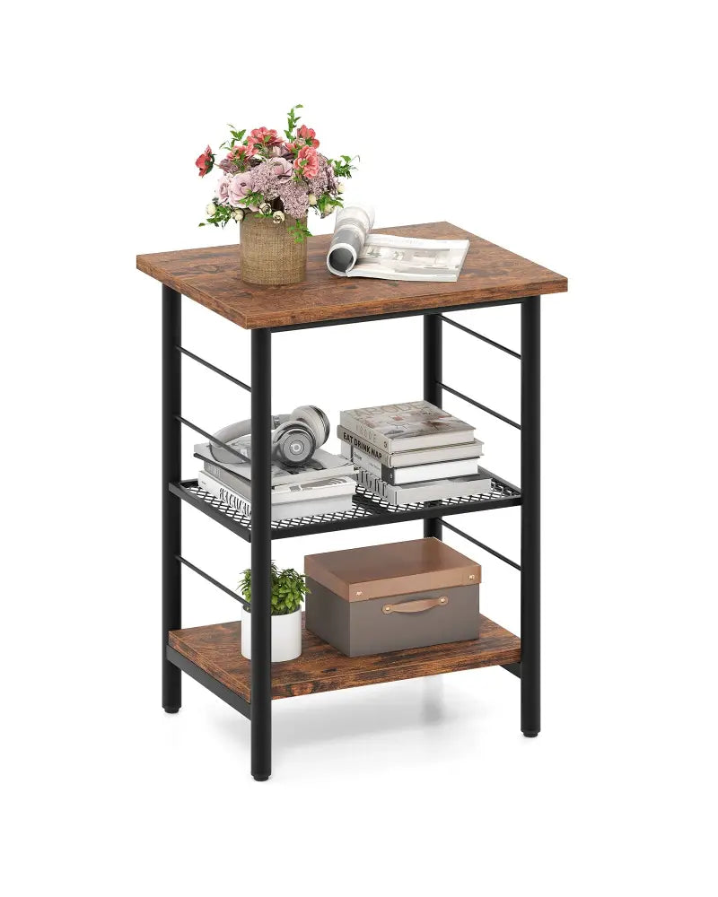 3-Tier End Table Space-Saving Nightstand Industrial Bedside Table for Living Room Bedroom-Rustic Brown - Rustic Brown