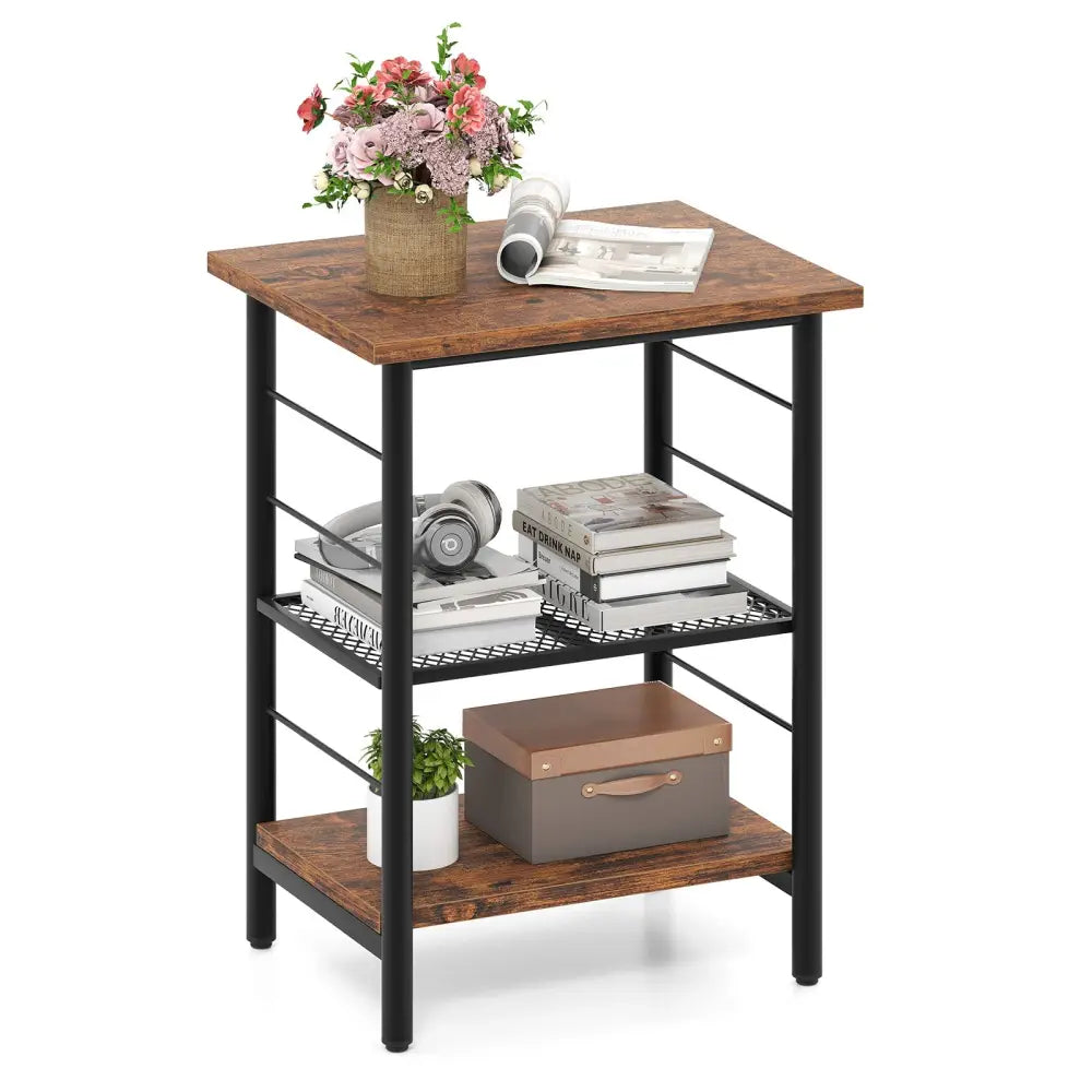 3-Tier End Table Space-Saving Nightstand Industrial Bedside Table for Living Room Bedroom-Rustic Brown - Rustic Brown