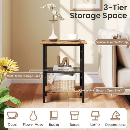 3-Tier End Table Space-Saving Nightstand Industrial Bedside Table for Living Room Bedroom-Rustic Brown Costway