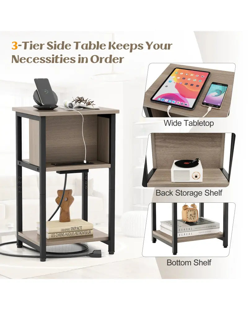 3-Tier End Table with USB Ports & Power Outlets-1 Piece - End & Side Tables
