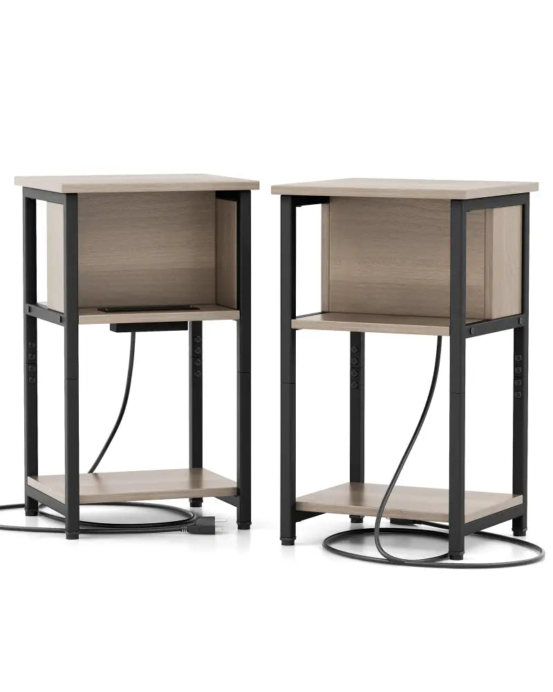 3-Tier End Table with USB Ports & Power Outlets-2 Pieces - Black & Gray - End & Side Tables