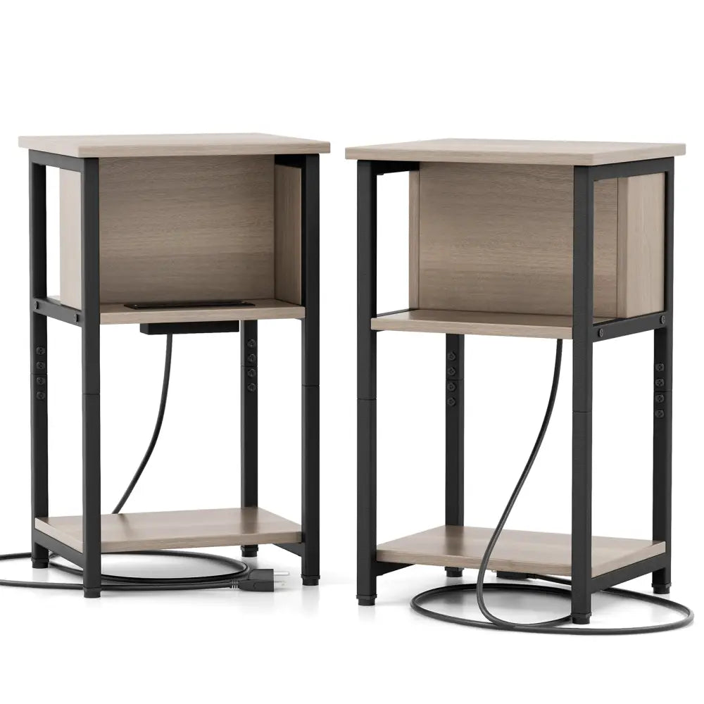 3-Tier End Table with USB Ports & Power Outlets-2 Pieces - Black & Gray - End & Side Tables