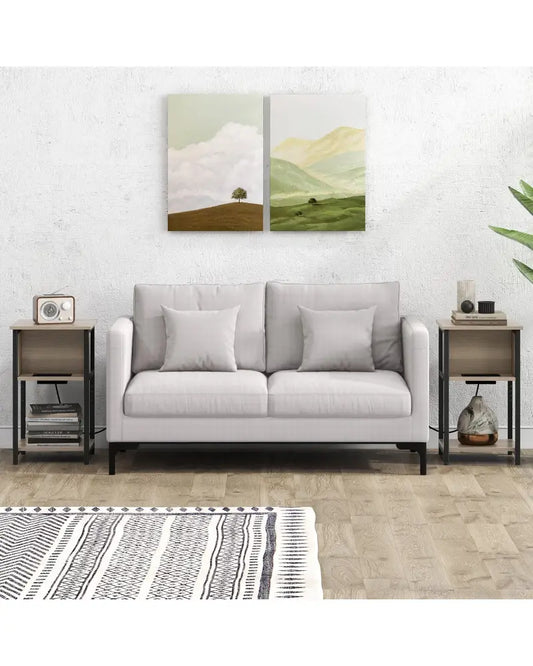 3-Tier End Table with USB Ports & Power Outlets-2 Pieces - Black & Gray - End & Side Tables