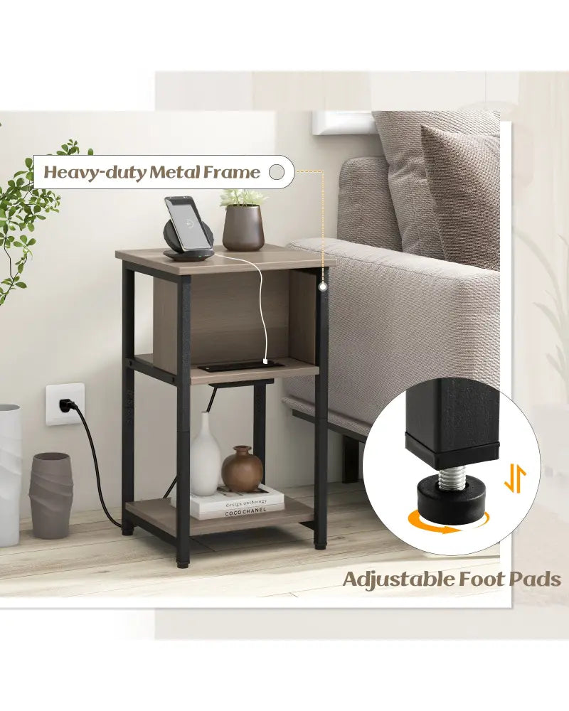 3-Tier End Table with USB Ports & Power Outlets-2 Pieces - Black & Gray - End & Side Tables