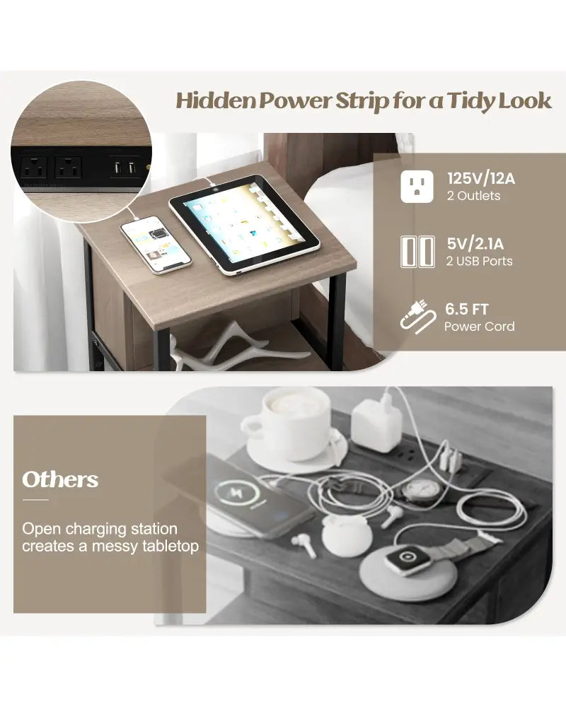 3-Tier End Table with USB Ports & Power Outlets-2 Pieces - Black & Gray - End & Side Tables
