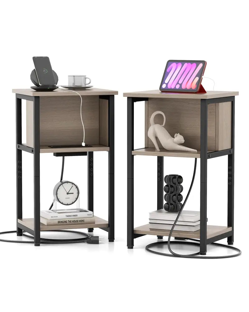 3-Tier End Table with USB Ports & Power Outlets-2 Pieces - Black & Gray - End & Side Tables