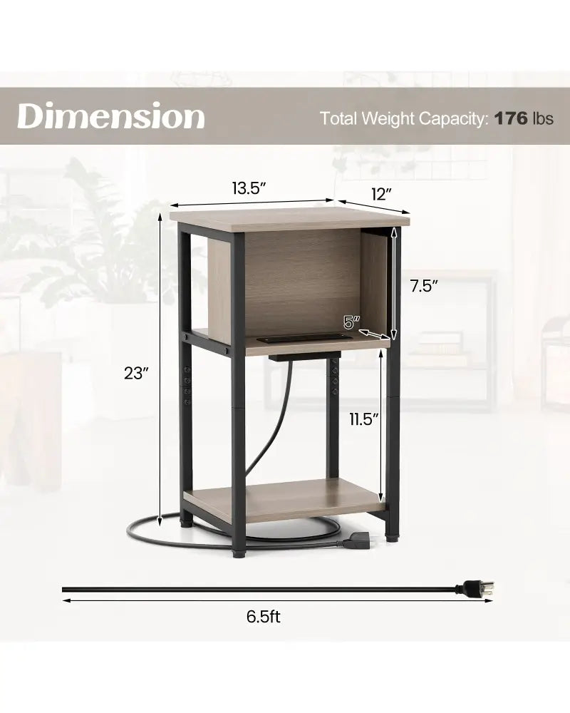 3-Tier End Table with USB Ports & Power Outlets-2 Pieces - Black & Gray - End & Side Tables