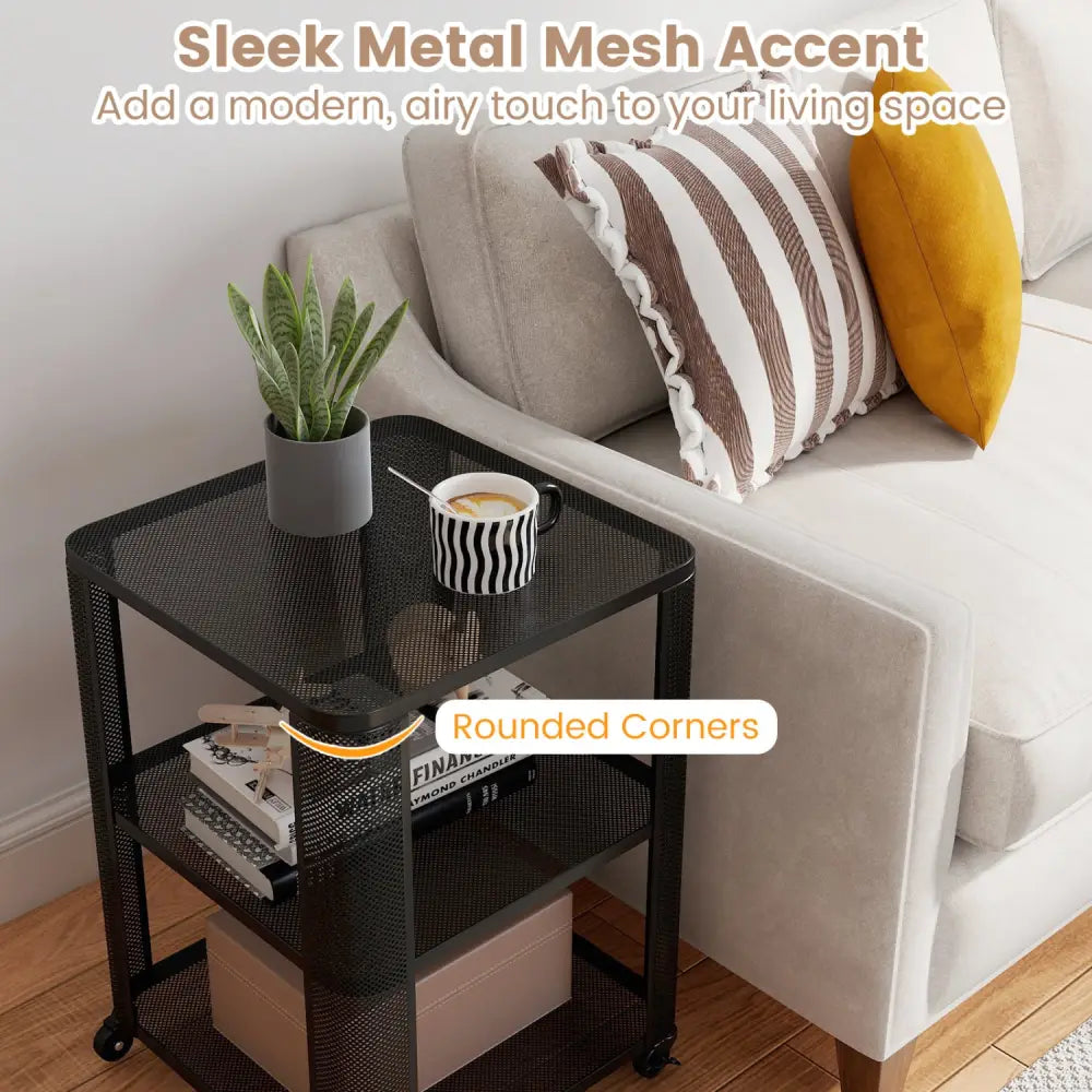3-Tier End Table with Wheels Rolling Side Table with Open Storage Shelves-1 Piece - End & Side Tables