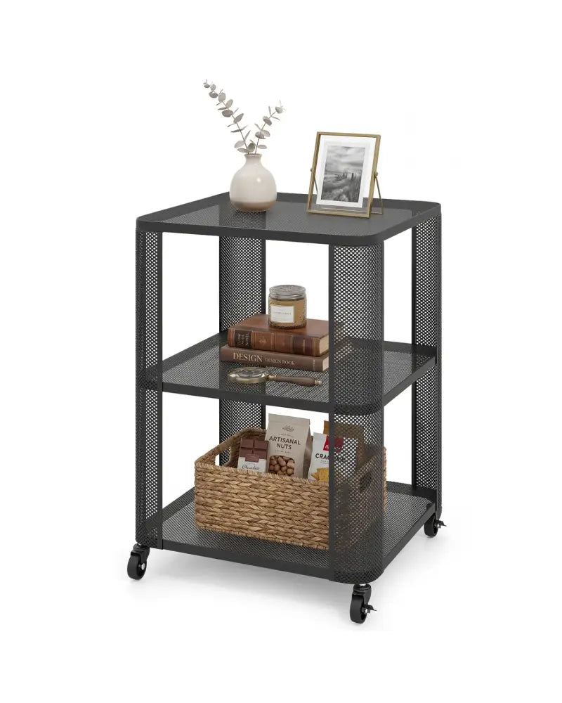 3-Tier End Table with Wheels Rolling Side Table with Open Storage Shelves-1 Piece - End & Side Tables
