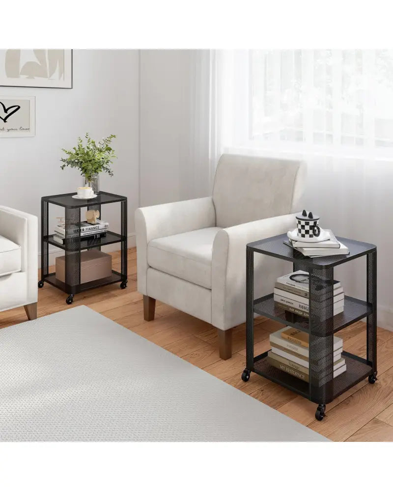 3-Tier End Table with Wheels Rolling Side Table with Open Storage Shelves-1 Piece - End & Side Tables