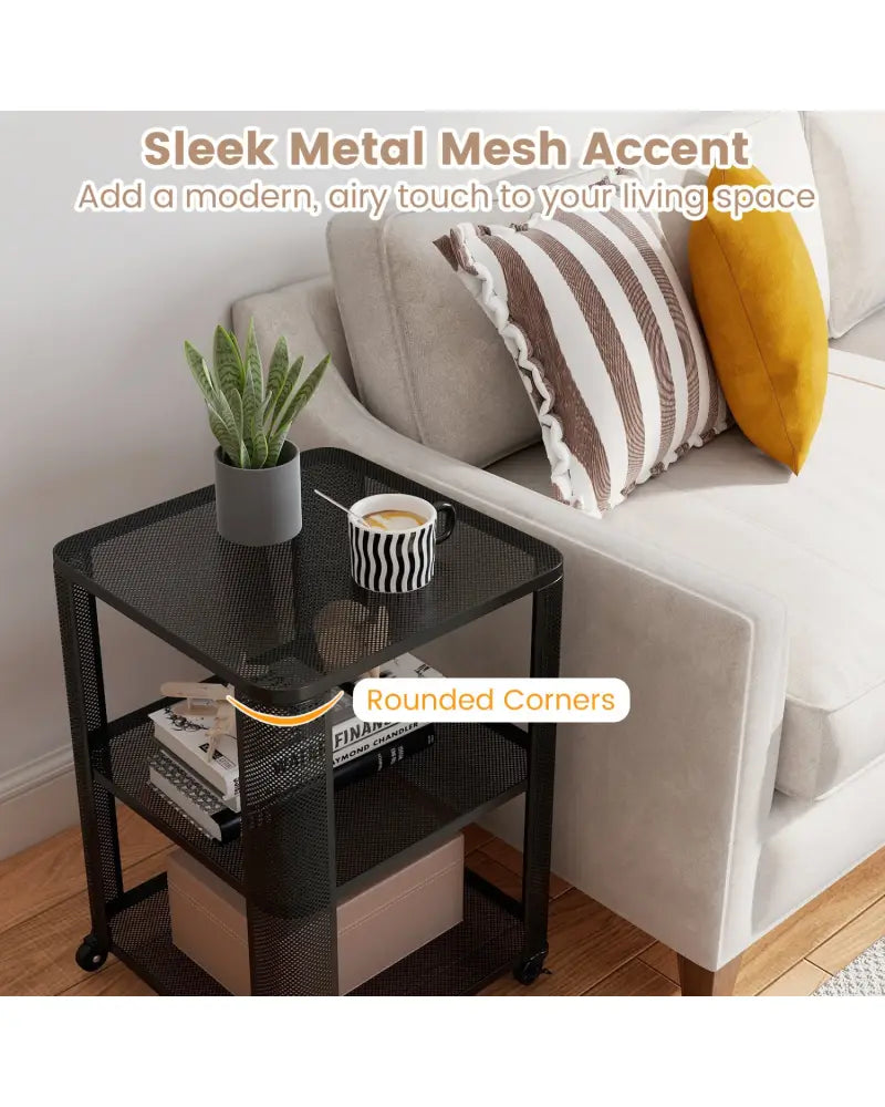 3-Tier End Table with Wheels Rolling Side Table with Open Storage Shelves-1 Piece - End & Side Tables