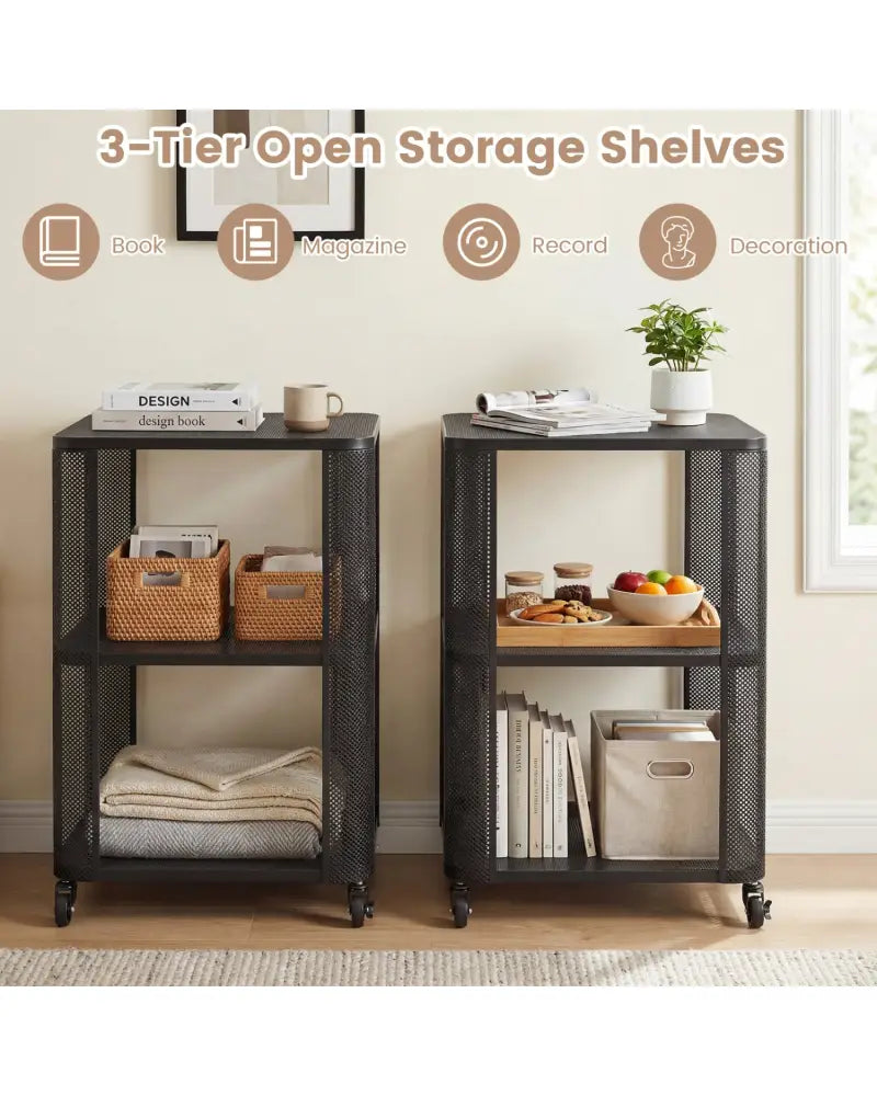 3-Tier End Table with Wheels Rolling Side Table with Open Storage Shelves-Set of 2 - End & Side Tables