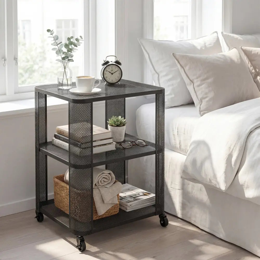 3-Tier End Table with Wheels Rolling Side Table with Open Storage Shelves-Set of 2 - End & Side Tables